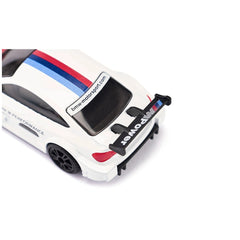 Siku BMW M4 Racing 2016 model in white with red and blue accents, featuring glossy finish and visible components.