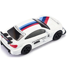 BMW M4 Racing 2016 model in white with blue and red stripes, featuring a glossy finish and black multi-spoke wheels.