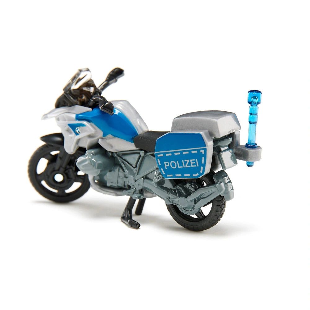 Siku BMW police motorbike toy features a glossy blue and white design with a "POLIZEI" sticker and black wheels.
