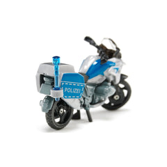 Siku BMW police motorbike model in blue and silver with detailed components and "POLIZE!" sign on the side.