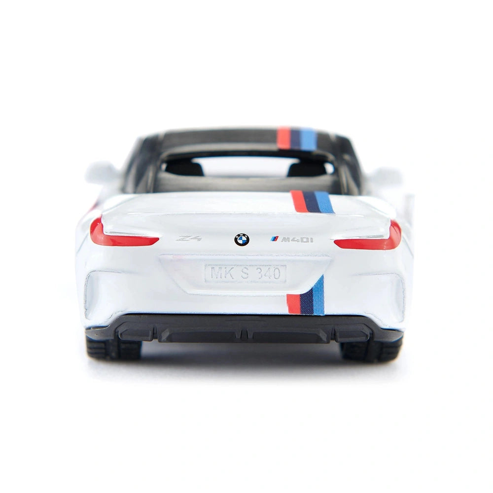 Siku BMW Z4 M40i play vehicle in glossy white with black roof, transparent windows, black metal wheels, and metallic badge.