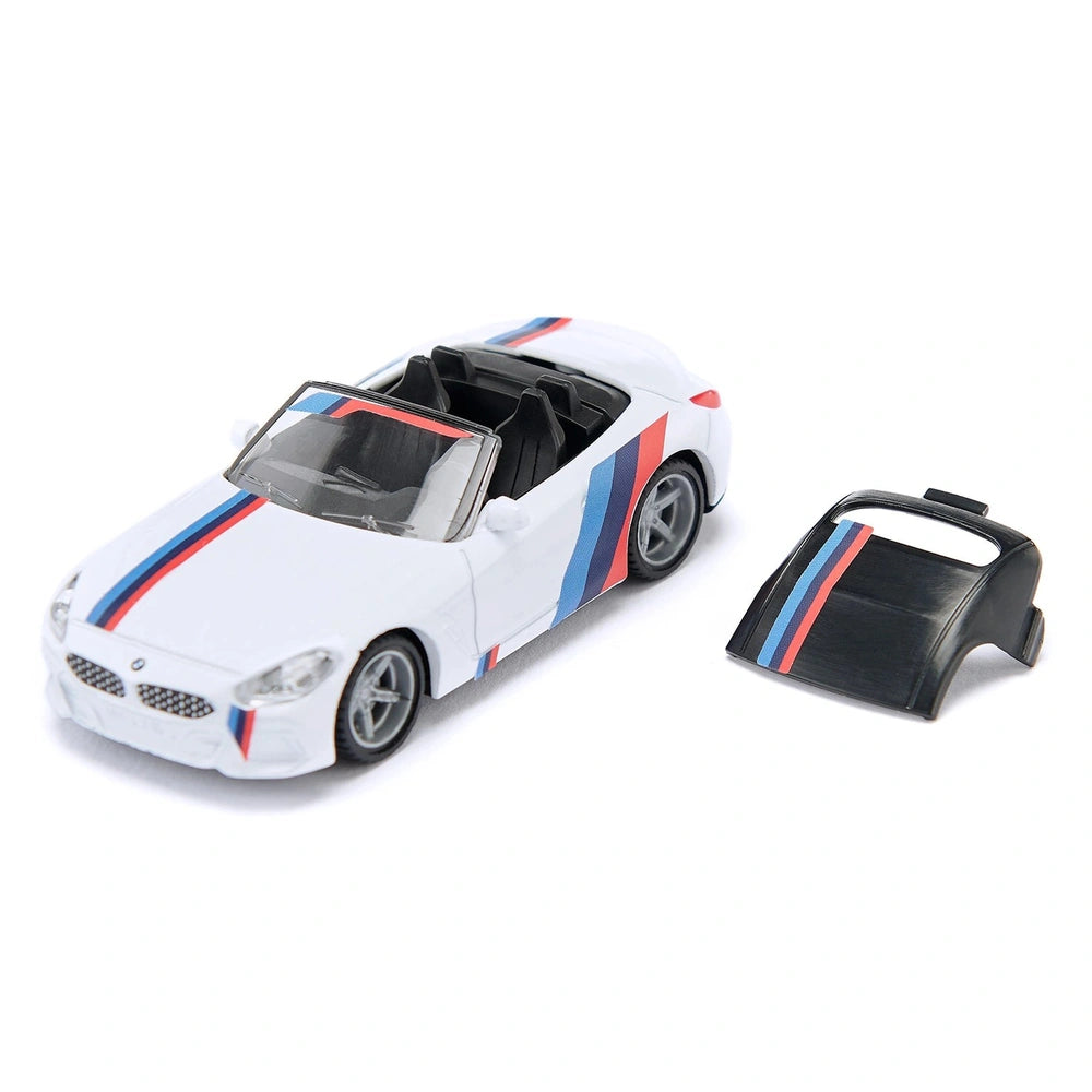 Siku BMW Z4 M40i toy car with white body, black roof, and red, white, and blue stripes, featuring clear windshield and black