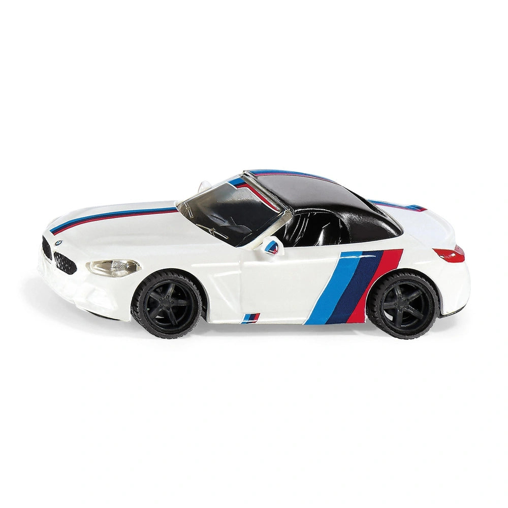 Siku BMW Z4 M40i toy car in glossy white with blue and red stripes, featuring matte black wheels and transparent windows.