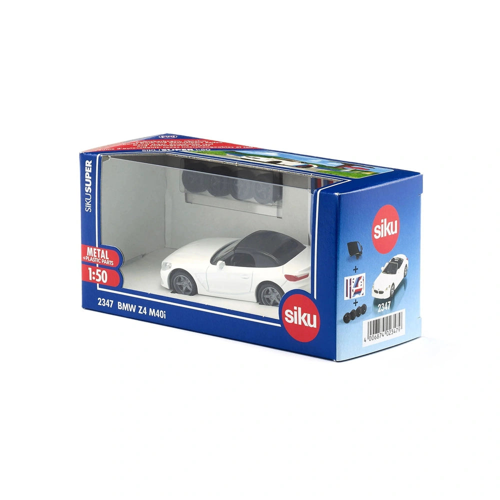 Siku BMW Z4 M40i toy car in white with black tires, displayed in blue packaging with clear window and printed text.