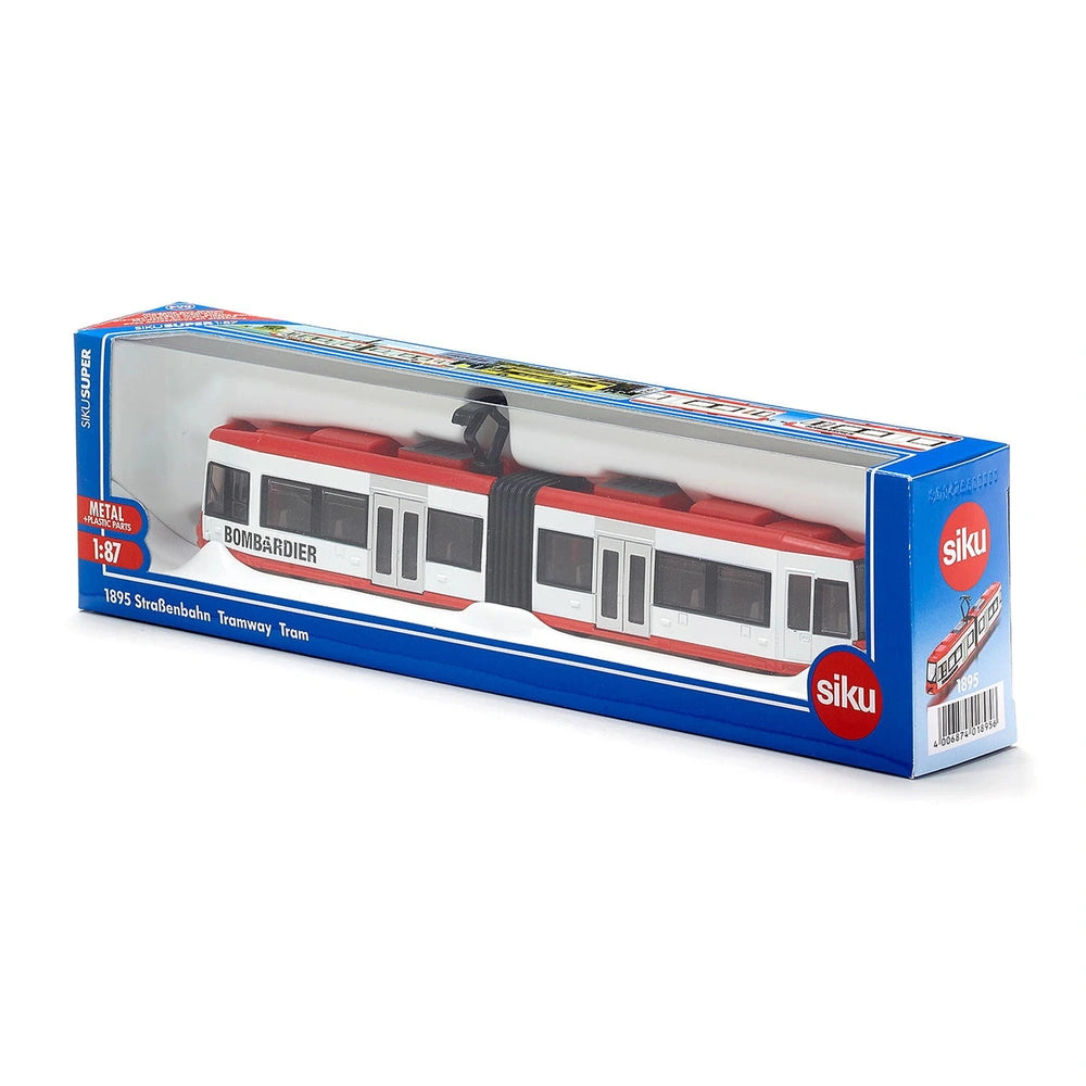 Siku Bombardier Tram toy train set in red and white packaging, featuring a detailed front car and brand logo.