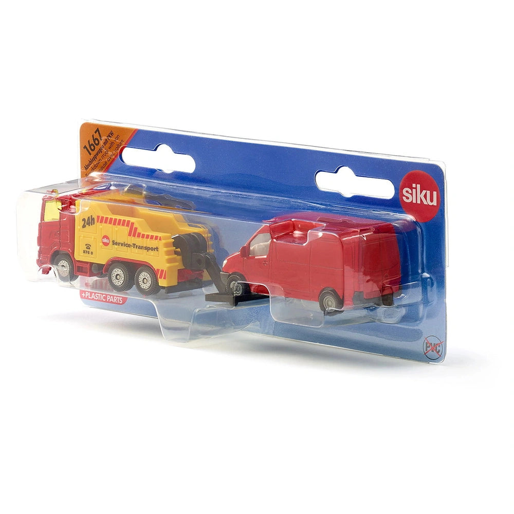 Siku breakdown truck in yellow and red van toy set, packaged in a clear blister with blue cardboard backing.