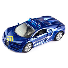 Blue toy Bugatti Chiron Gendarmerie car with glossy finish, featuring yellow and black stripes, positioned at an angle.
