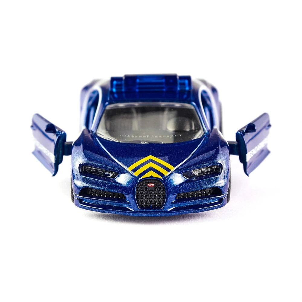 Blue toy Bugatti Chiron Gendarmerie with glossy finish, yellow stripes, and sleek design against a white background.