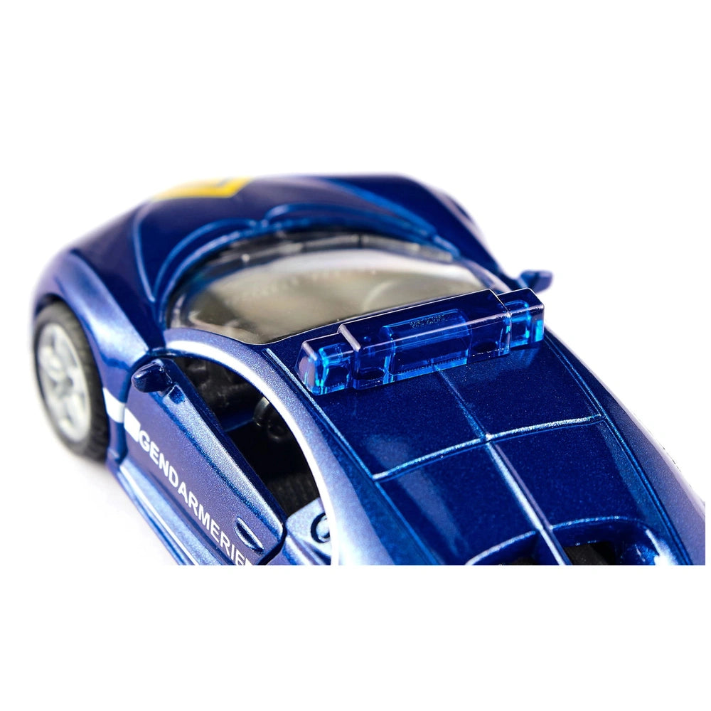 Siku Bugatti Chiron Gendarmerie toy car in glossy blue with black and white accents, showcasing an open hood and clear windsh