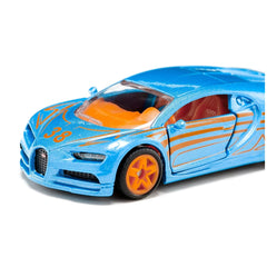 Siku Bugatti Chiron toy car features a glossy blue body with textured orange accents, set against a white background.