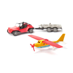 Siku Buggy in red and black tows a yellow and white sporting airplane, both made of plastic against a white background.