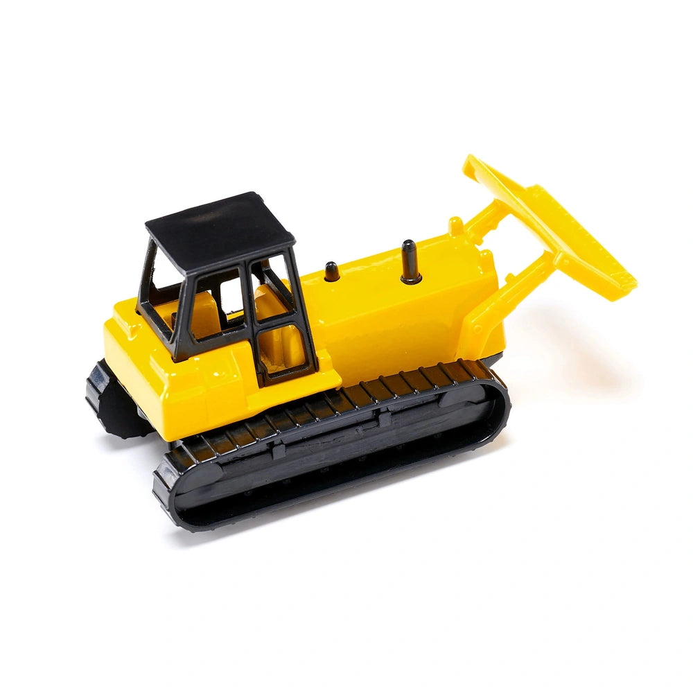 Yellow toy bulldozer with a black roof and wheels, featuring a front loader, set against a plain light background.