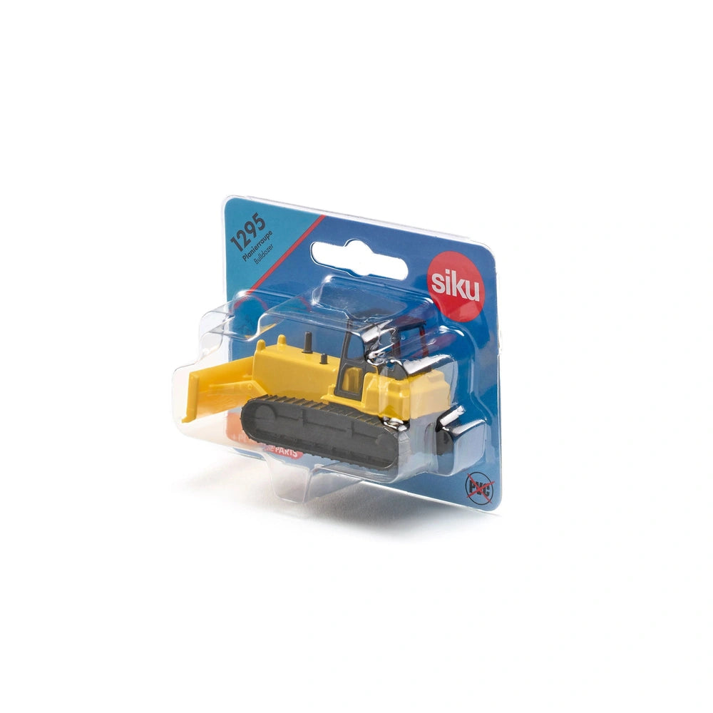 Siku bulldozer packaged in a glossy blue box with a clear window, featuring a yellow component and red accents.