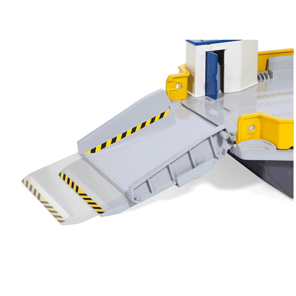 Siku car ferry toy playset features a white body with yellow and black accents, an open door, and a textured ramp.