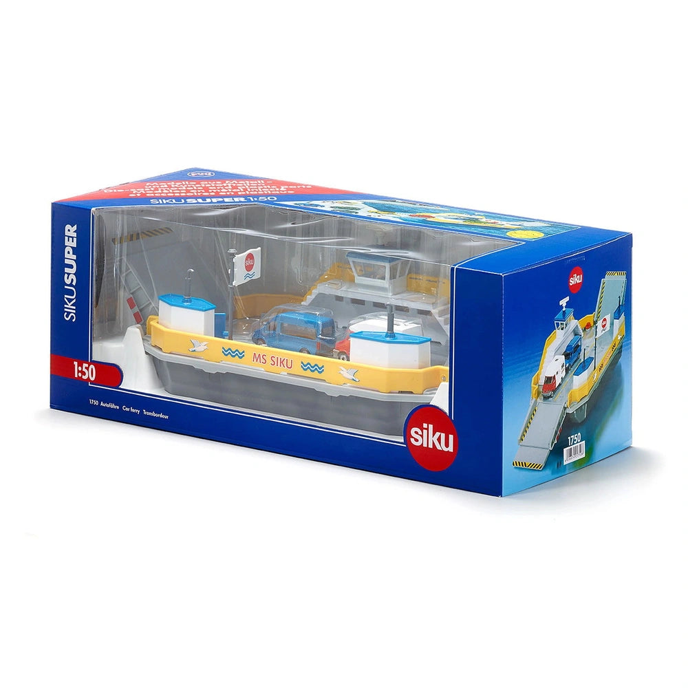 Toy car ferry set in blue packaging with a transparent window, showcasing a colorful plastic boat with a cabin and deck.