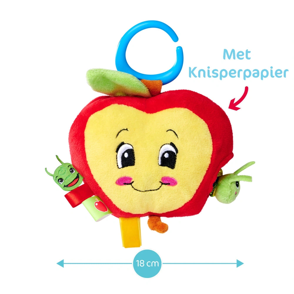 Simba ABC Activities Apple plush toy with face, green frogs, and blue handle; engaging baby activity toy for playtime.