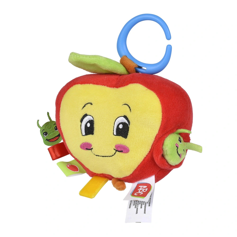 Simba - ABC Activities Apple with Caterpillar Cuddle, a soft plush toy apple with a face and colorful features on a white bac
