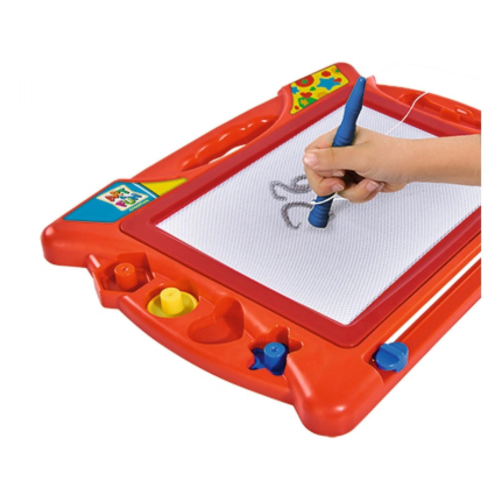 Simba Art & Fun Magic Drawing Board with red frame, white grid surface, blue stylus, and yellow knobs for kids creativity.
