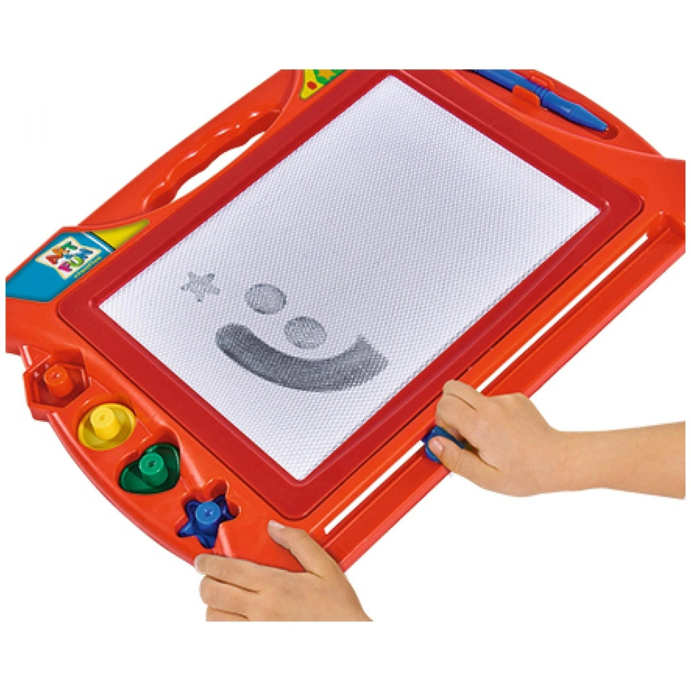 Simba Art & Fun Magic Drawing Board with a red frame, white grid surface, and colorful buttons held by a childs hands.