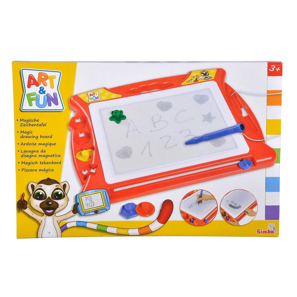 Simba Art & Fun Magic Drawing Board, a vibrant childrens drawing tablet with stylus, grids, and fun learning icons.