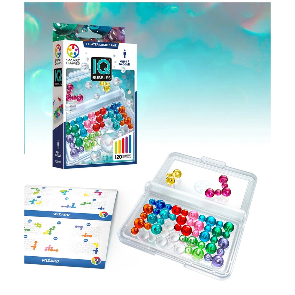 Smart Games IQ Bubbles logic puzzles in a clear container, featuring colorful bubble-shaped toys designed for children.