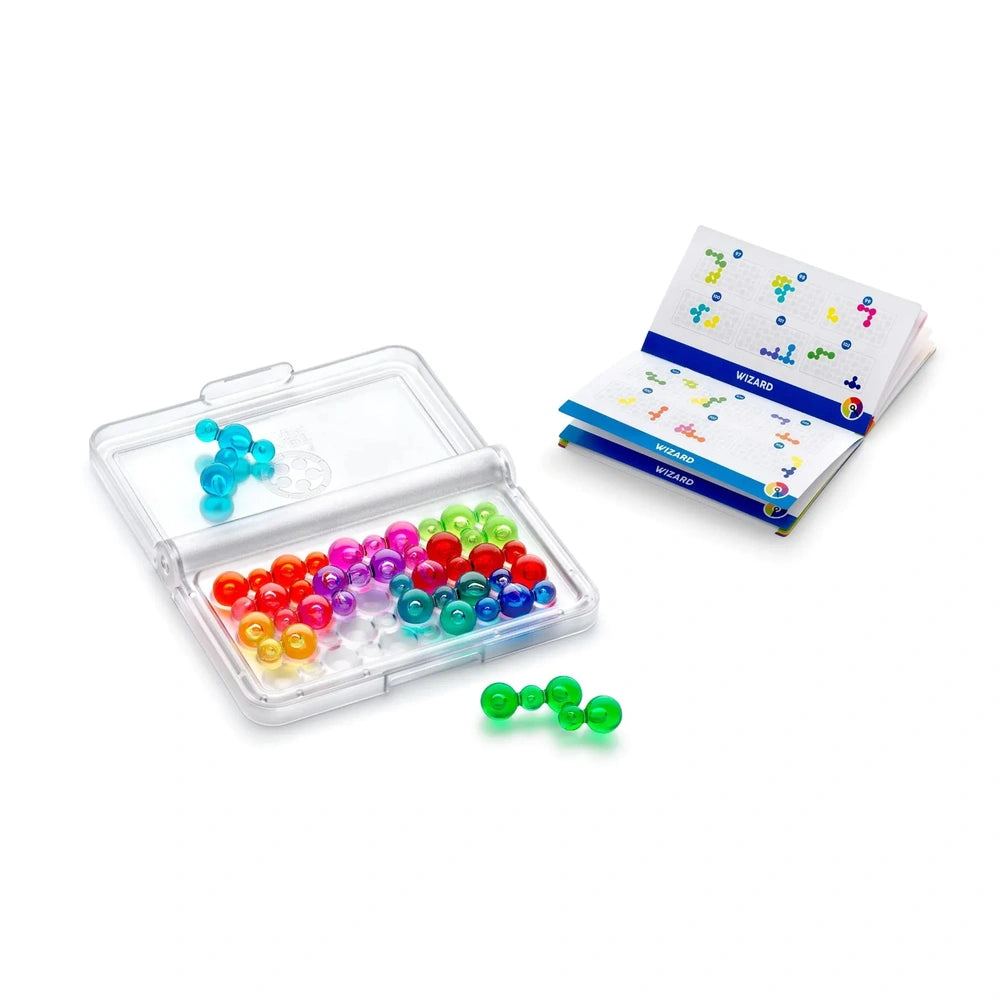 Smart Games IQ Bubbles set features a clear container filled with colorful beads and illustrated cards for logic puzzles.