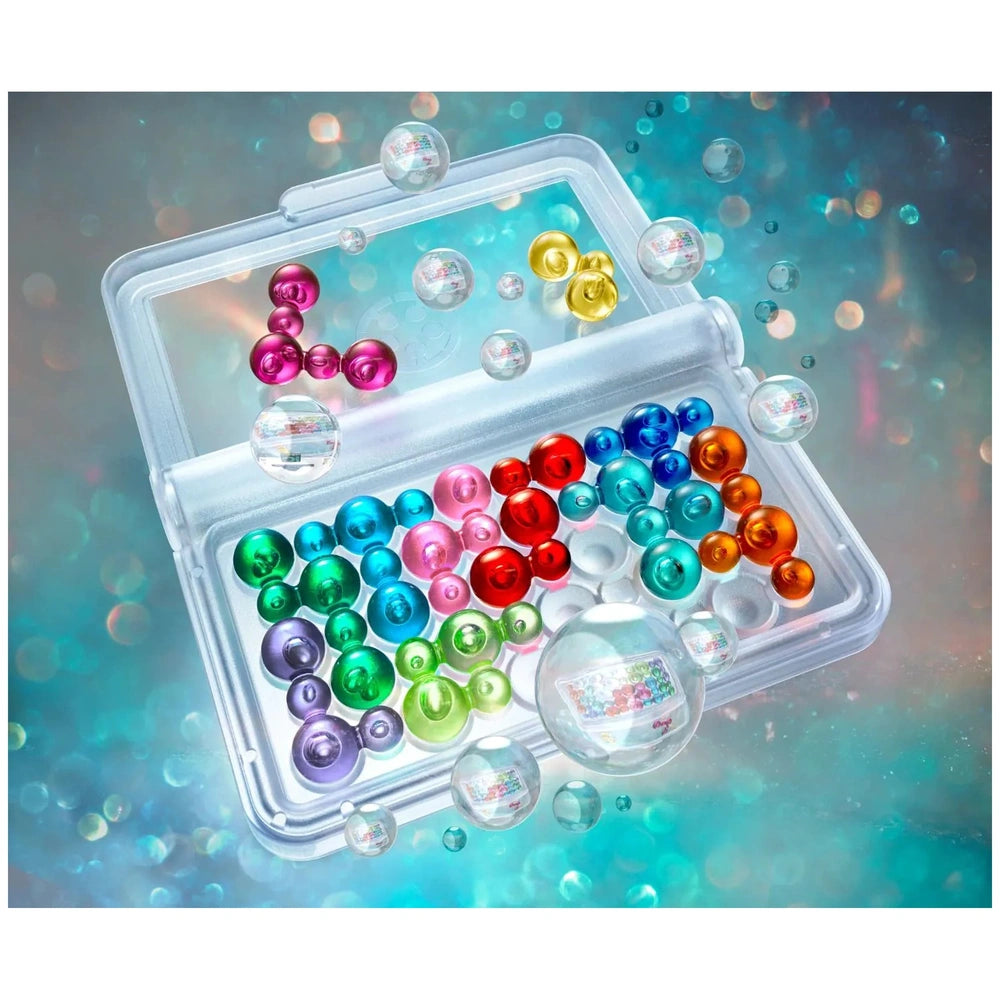 Smart Games IQ Bubbles features colorful, shiny spheres floating in a clear container against a gradient blue background.