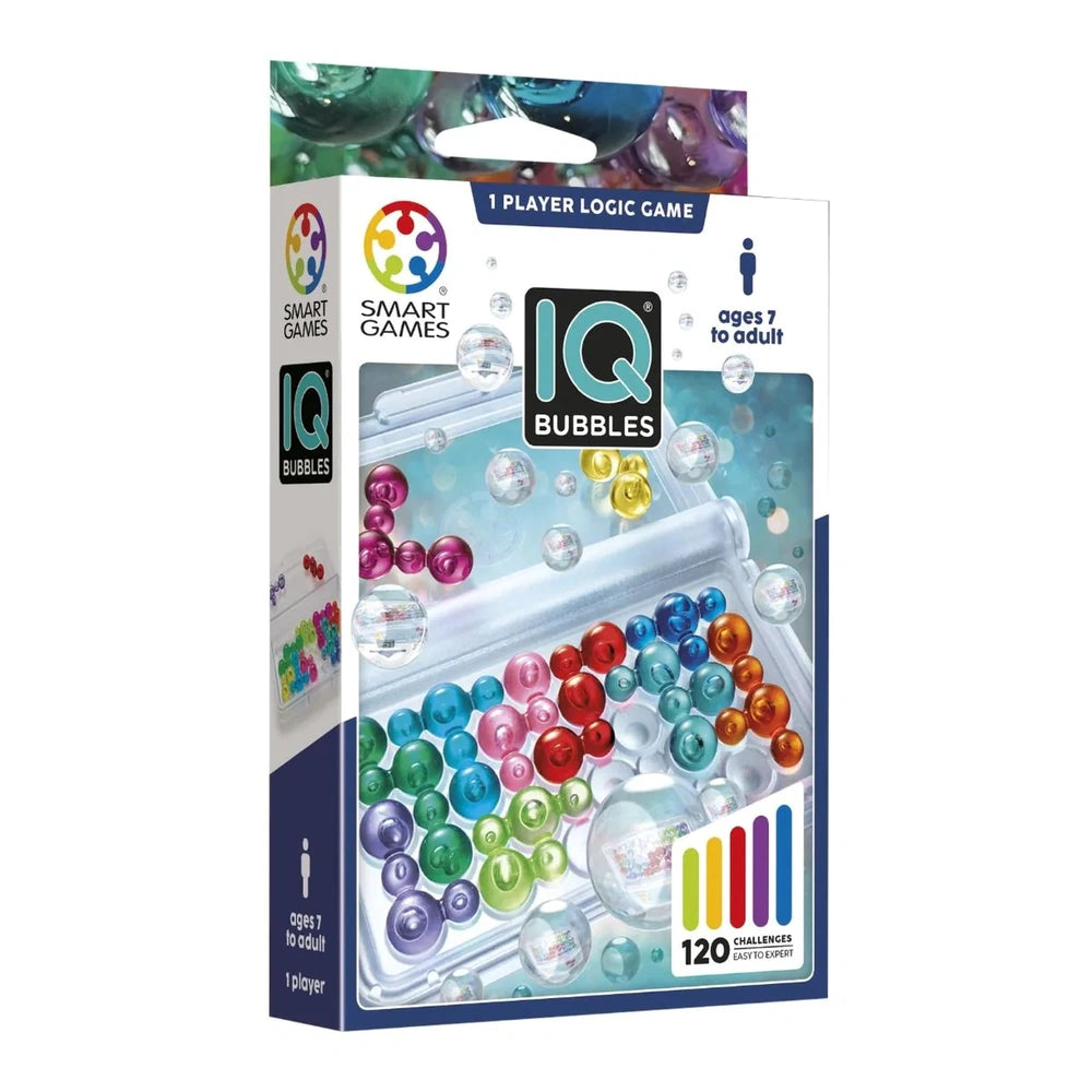 Smart Games IQ Bubbles packaging features vibrant colors, a clear window displaying bubble-like game pieces, and age recommen
