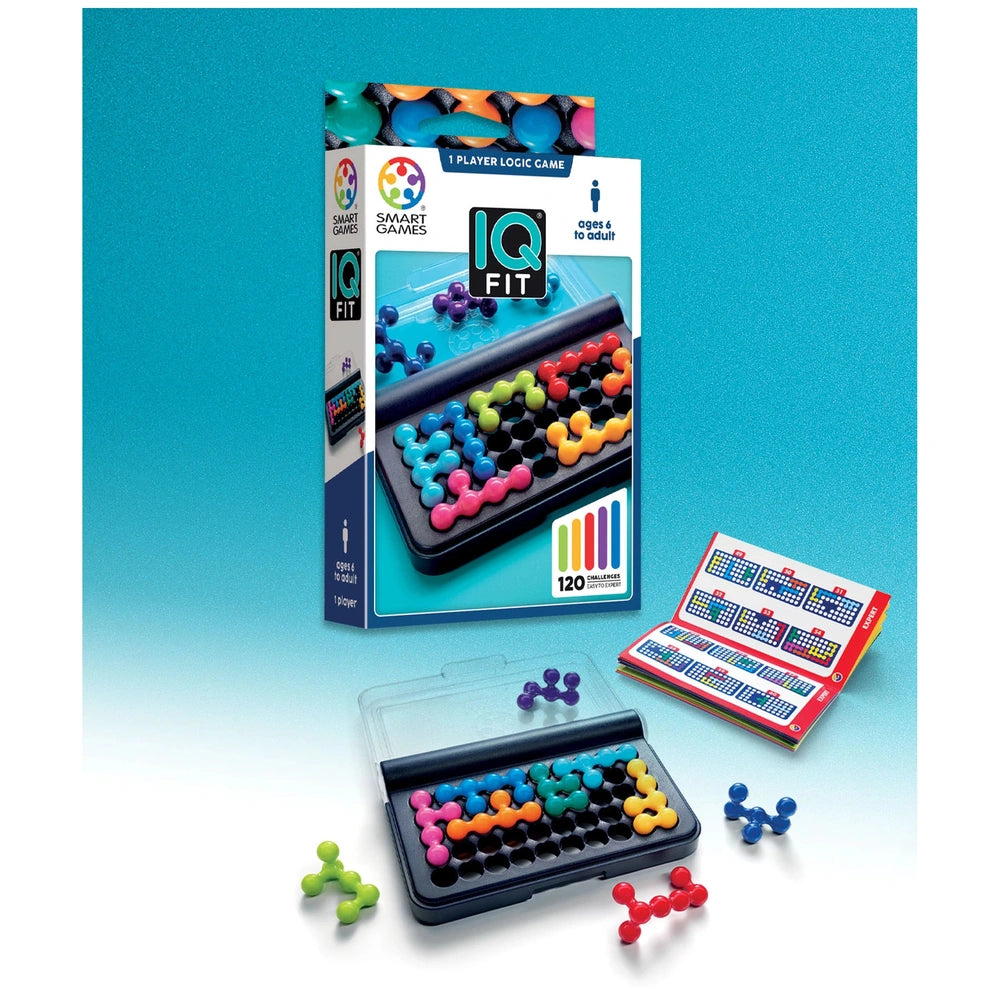 IQ Fit logic puzzle game packaging features colorful components, a black tray, and is suitable for ages 6 and up.