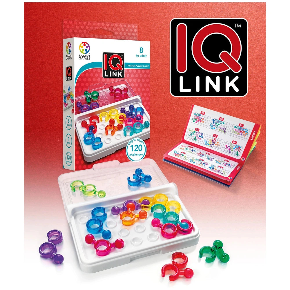 Smart Games IQ Link packaging features a colorful puzzle toy with interlocking pieces and 120 challenges for ages 8 to adult.