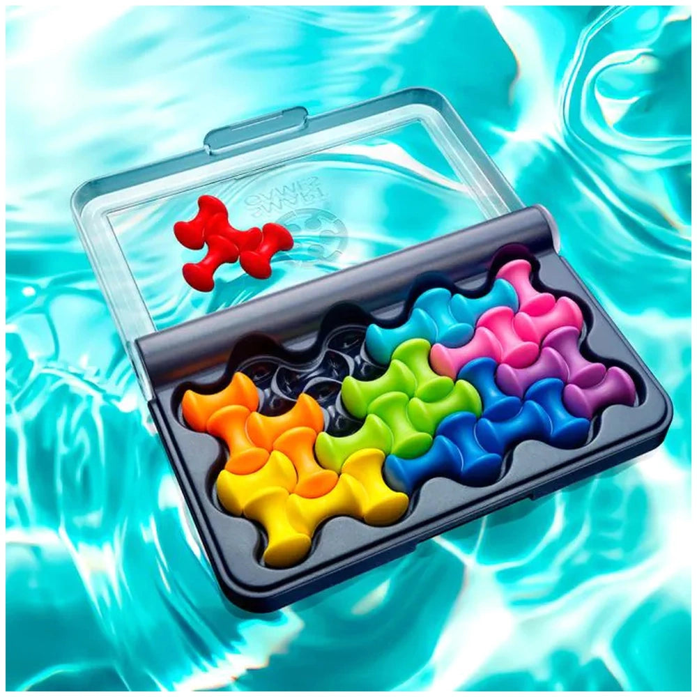 Smart Games IQ Waves logic puzzle container with colorful rubber shapes, partially submerged in blue water.