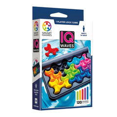 Smart Games IQ Waves packaging features a blue design with a clear window showcasing colorful wave-like game components.