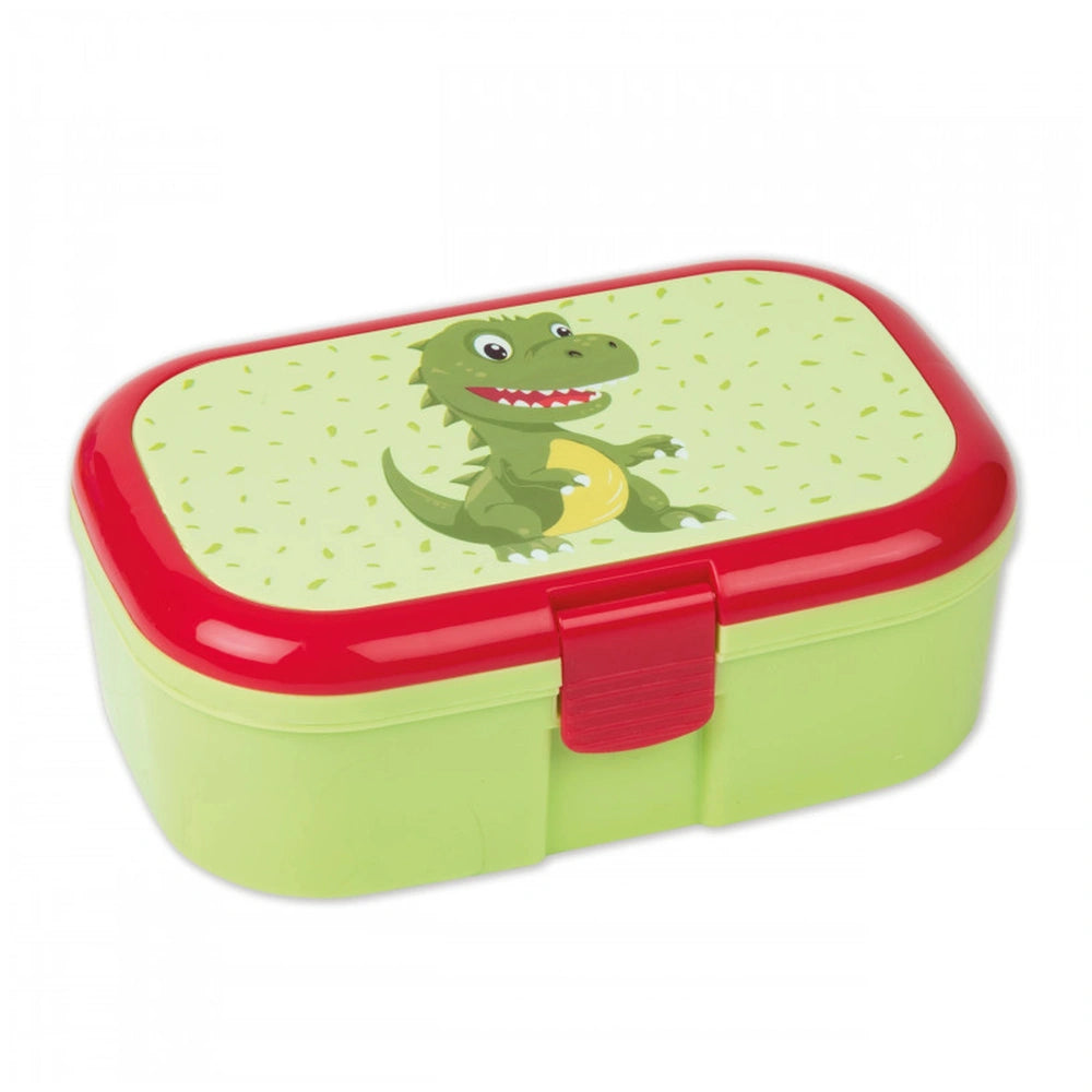 TapirElla Dino Lunch Box featuring a green body with yellow patterns and a red-handled plastic lid.