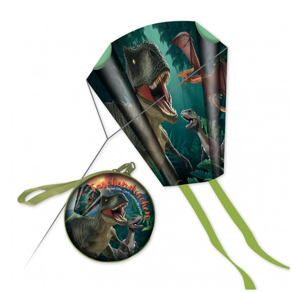 TapirElla pocket kite featuring colorful dinosaur and dragon designs on a circular, smooth surface against a solid green back