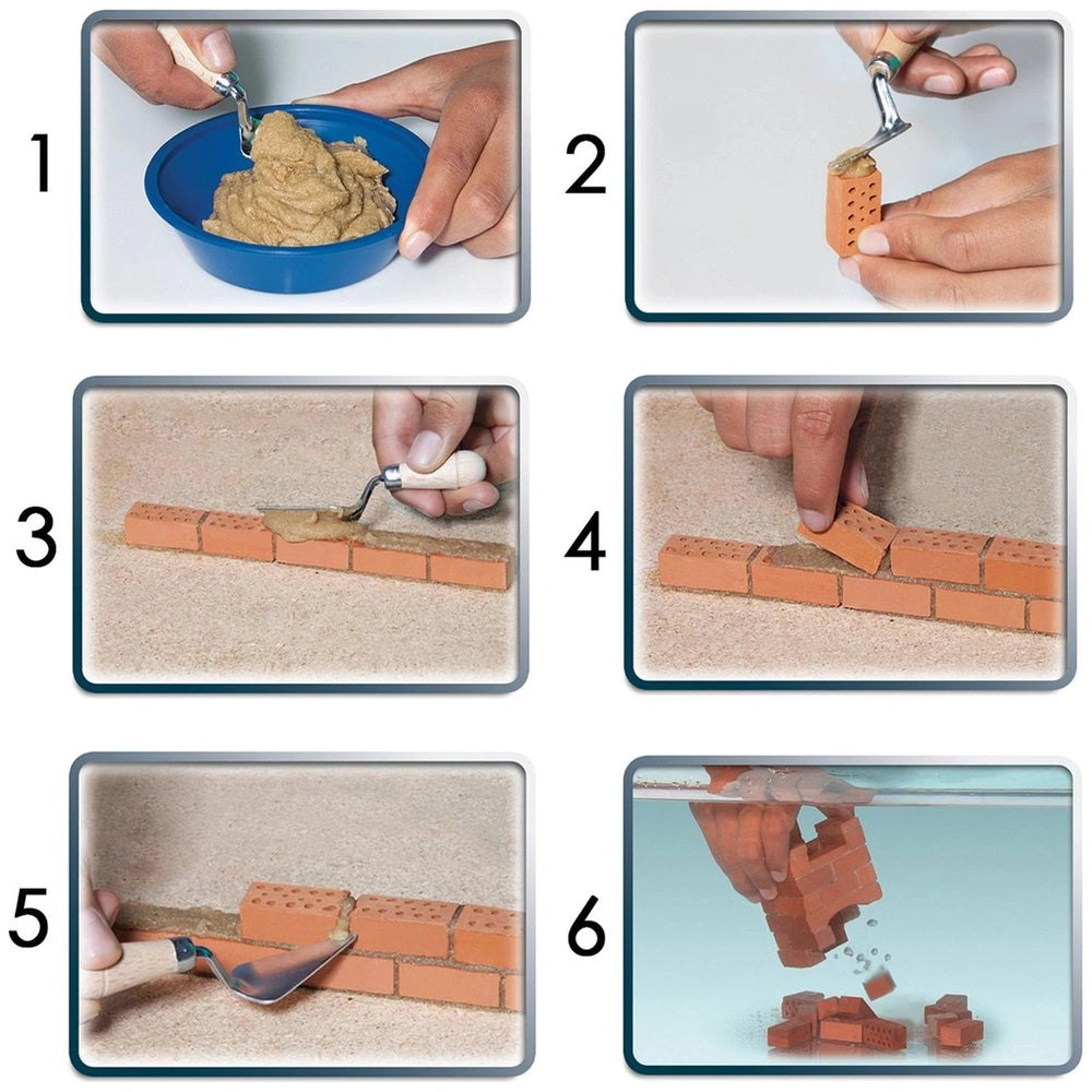 Teifoc Castle-House craft project guide showing step-by-step instructions with hands shaping clay into bricks.