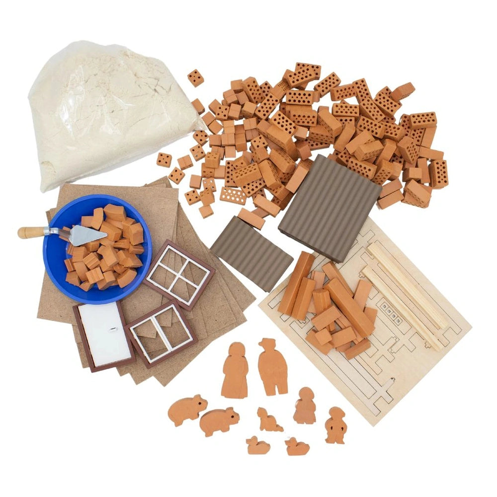 Teifoc - Farm set featuring wooden blocks, a blue bowl with small pieces, and a cutting board with a knife on a light surface