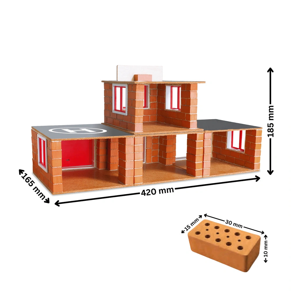 Teifoc fire station model features brown brick walls and a red door, displayed on a contrasting white surface.