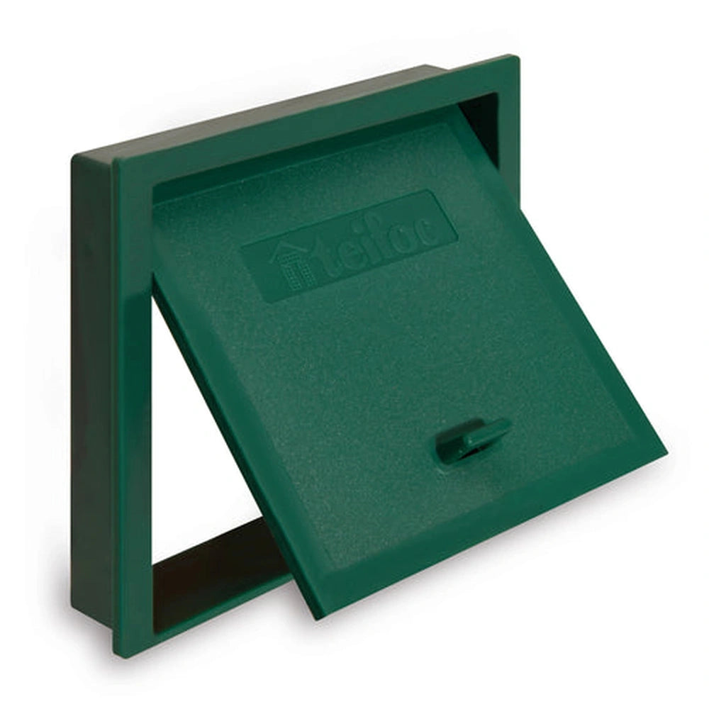 Teifoc garage door model in green plastic with a smooth matte finish, featuring an open lid and embossed logo.