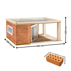 Teifoc garden house model made of red bricks on a light wooden platform, set against a white surface.