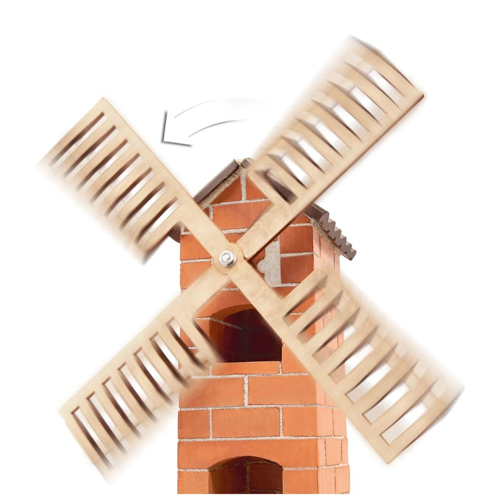 Teifoc windmill model featuring brown wooden planks, red brick wall, and metal hinges in a central layout.