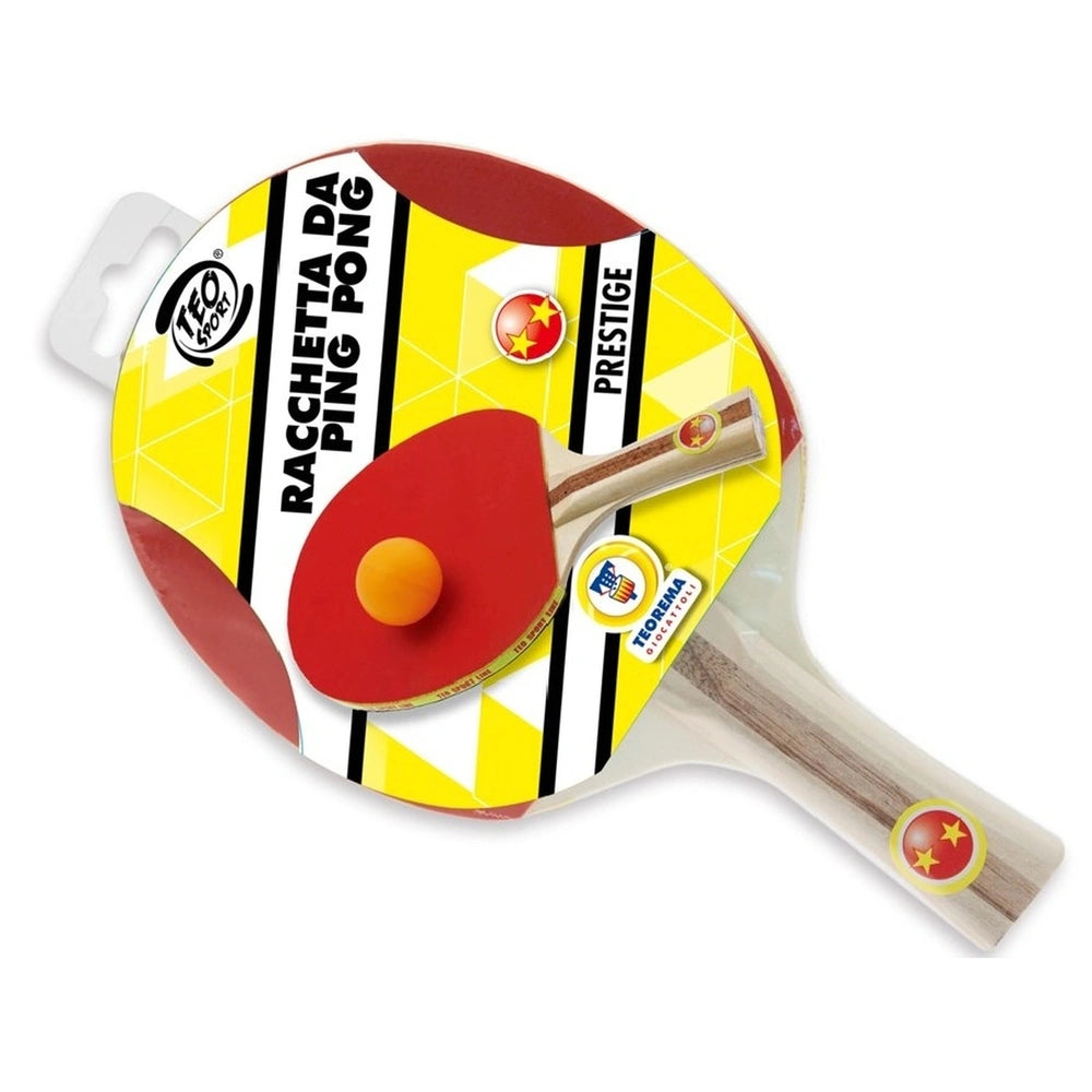 Teo Sport Prestige Table Tennis Racket features a red surface, yellow ball, and a white handle with decorative stars and stri