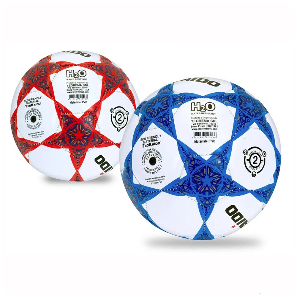 TeoKaido Italia Star Waterproof Footballs in red/white and blue/white with textured surfaces and H2O logos on a white backgro