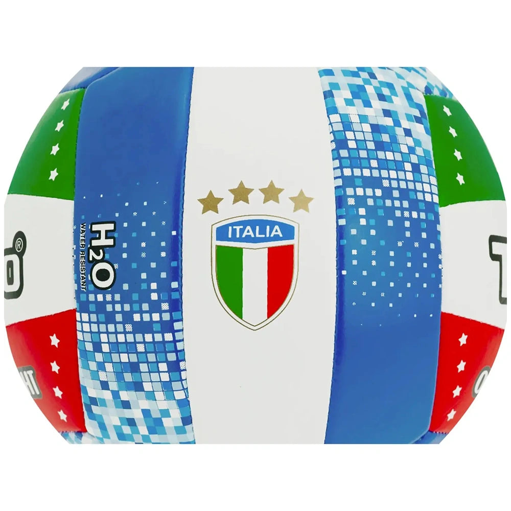 TeoKaido Italia Flag Volleyball features a textured surface with a colorful design of blue, green, red, and white, showcasing