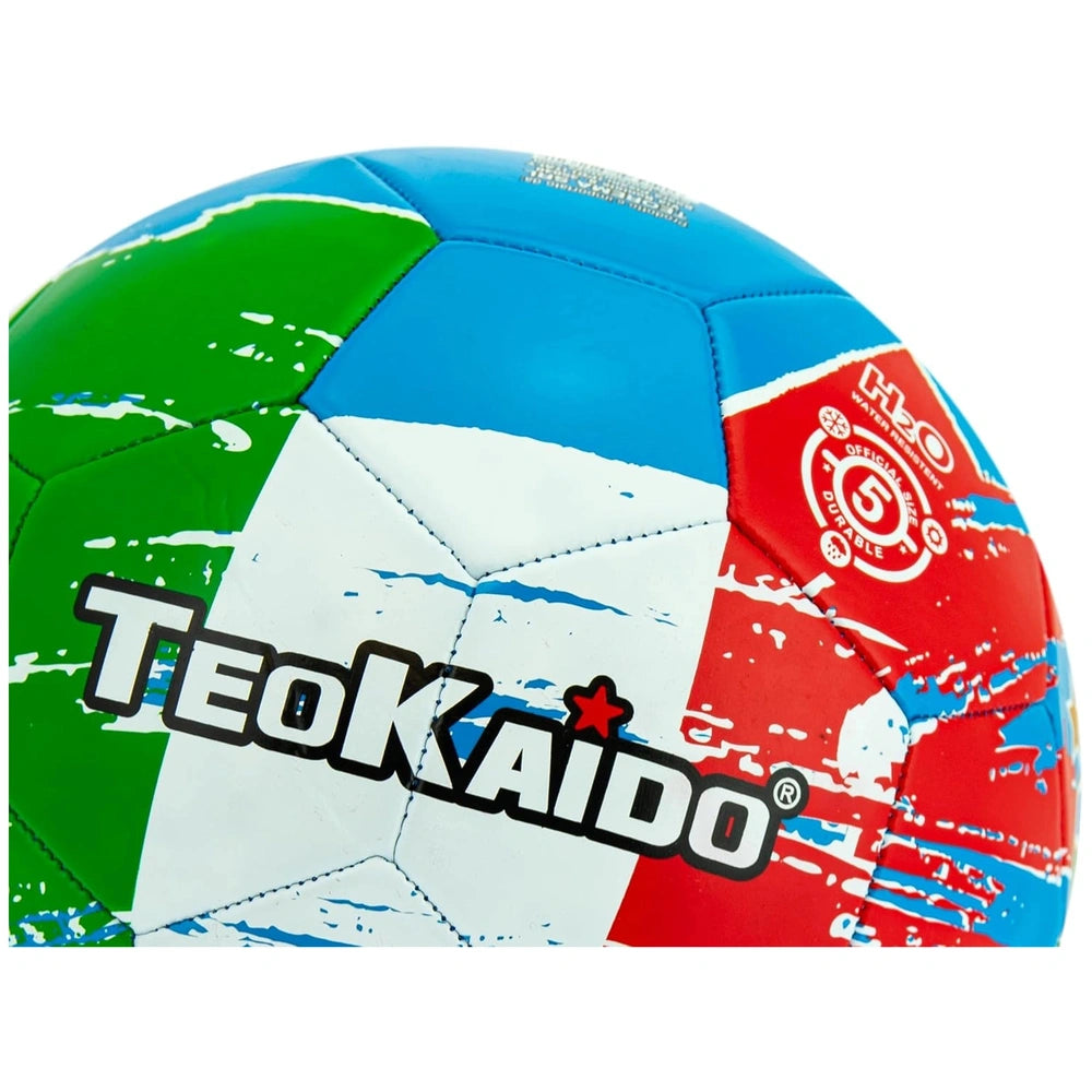 TeoKaido soccer ball features a vibrant design with blue, green, red, and white colors, showcasing its brand prominently.