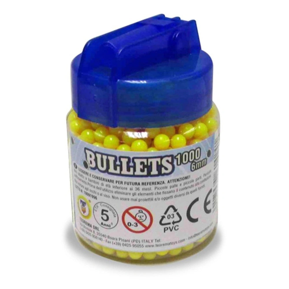 Teorema BULLETS 1000 6mm toy ammunition in a plastic bottle filled with yellow spheres and a blue cap.