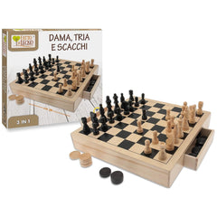 Teorema 3-in-1 wooden chess set features a board with black and white pieces arranged for play, alongside additional pieces.