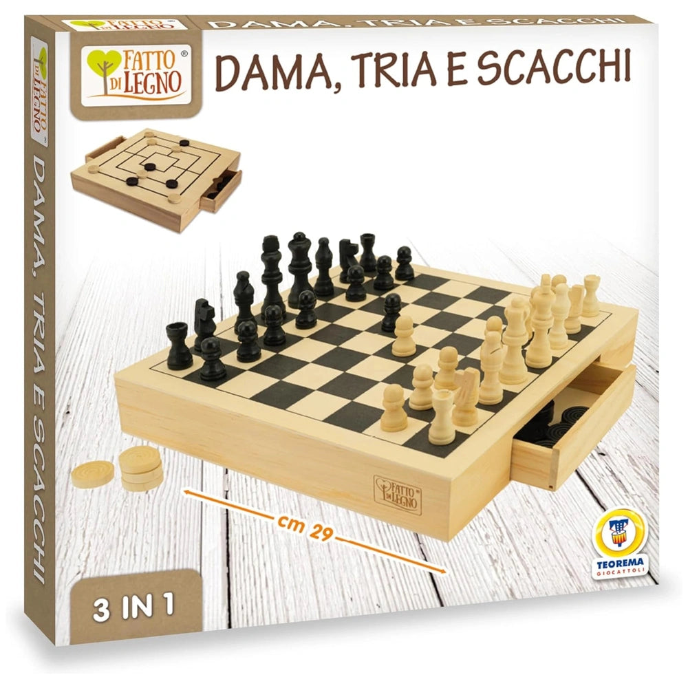 Teorema 3-in-1 wooden chess set featuring a smooth board with black and white pieces arranged in starting position.