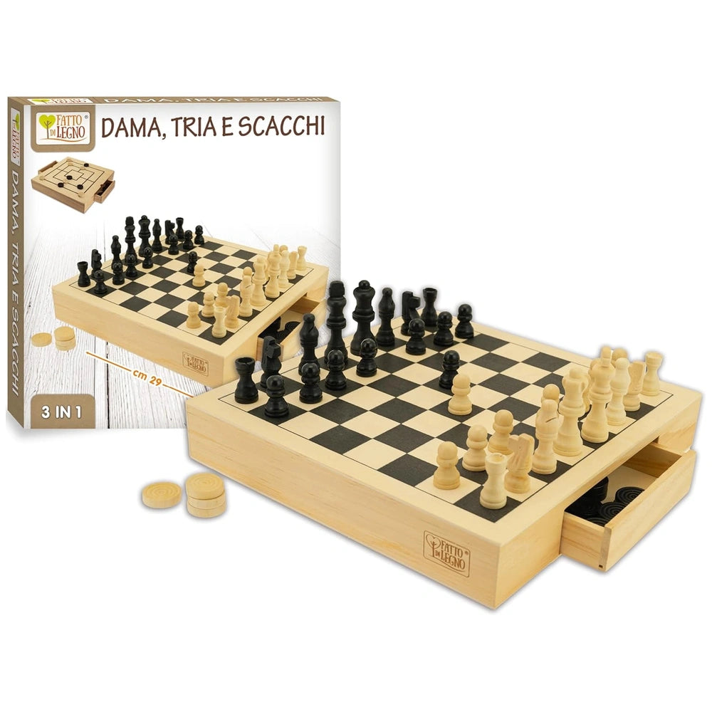 Teorema 3-in-1 wooden chess set features a light brown checkered board and dark wooden pieces in starting position.