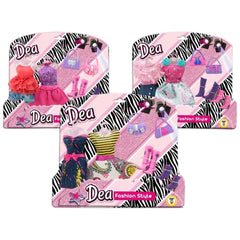 Teorema Dea Fashion Style Doll Outfit Set features vibrant clothing and accessories in pink, black, and white with trendy des