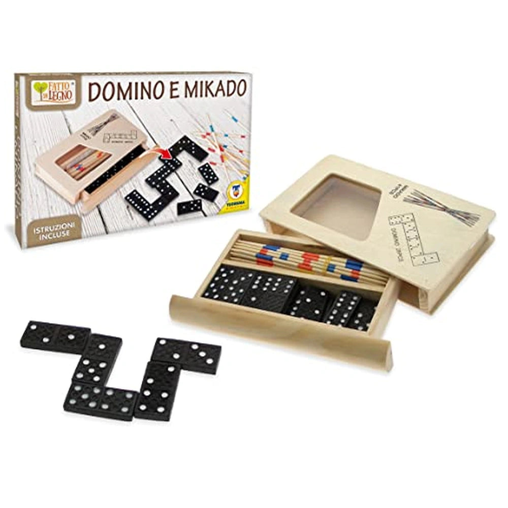 Teorema wooden game board features a brown surface with scattered black game pieces adorned with white dots.